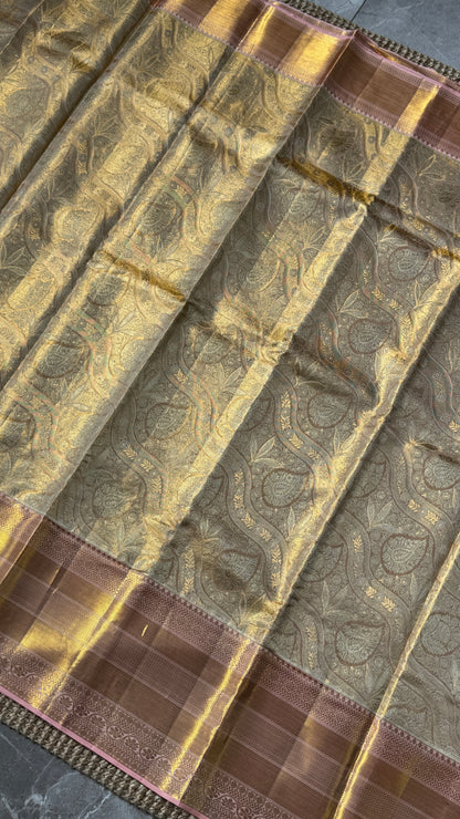 PURE TISSUE KANJIVARAM SILK HANDLOOM SAREE – LIGHT GOLD WITH PEACH BORDER