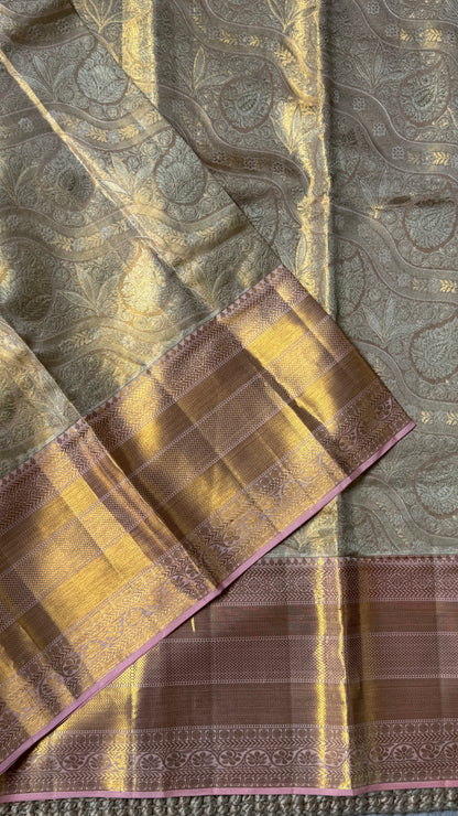PURE TISSUE KANJIVARAM SILK HANDLOOM SAREE – LIGHT GOLD WITH PEACH BORDER