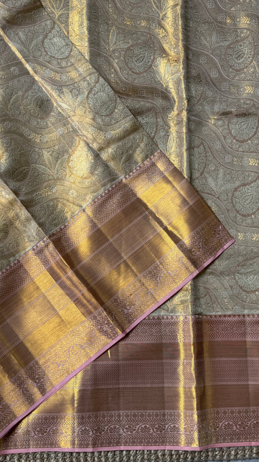 PURE TISSUE KANJIVARAM SILK HANDLOOM SAREE – LIGHT GOLD WITH PEACH BORDER