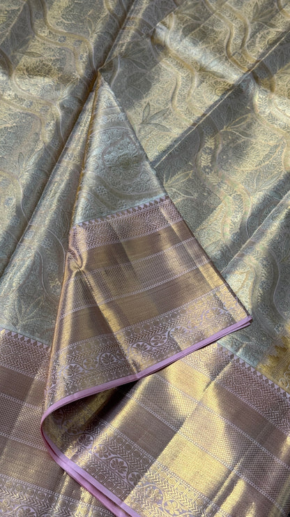 PURE TISSUE KANJIVARAM SILK HANDLOOM SAREE – LIGHT GOLD WITH PEACH BORDER