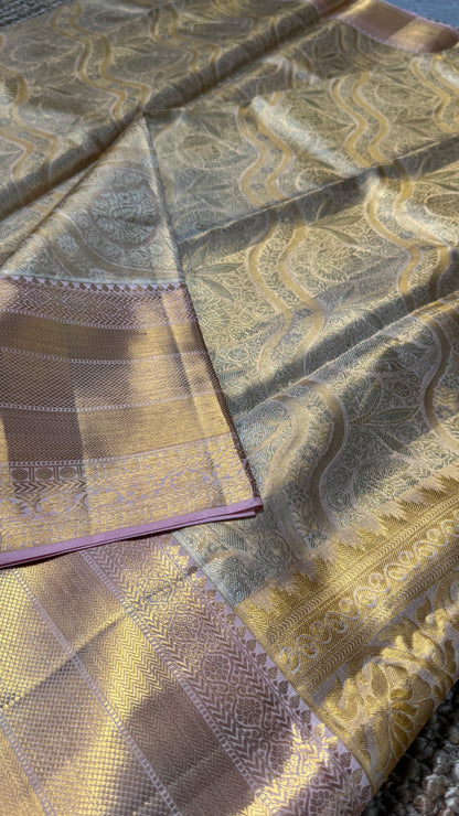 PURE TISSUE KANJIVARAM SILK HANDLOOM SAREE – LIGHT GOLD WITH PEACH BORDER