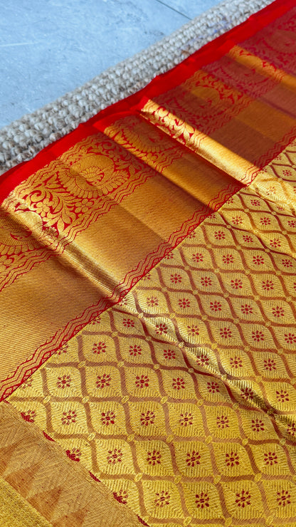 Pure Handloom Tissue Kanchivaram Silk Saree – Gold and Red Bridal Saree