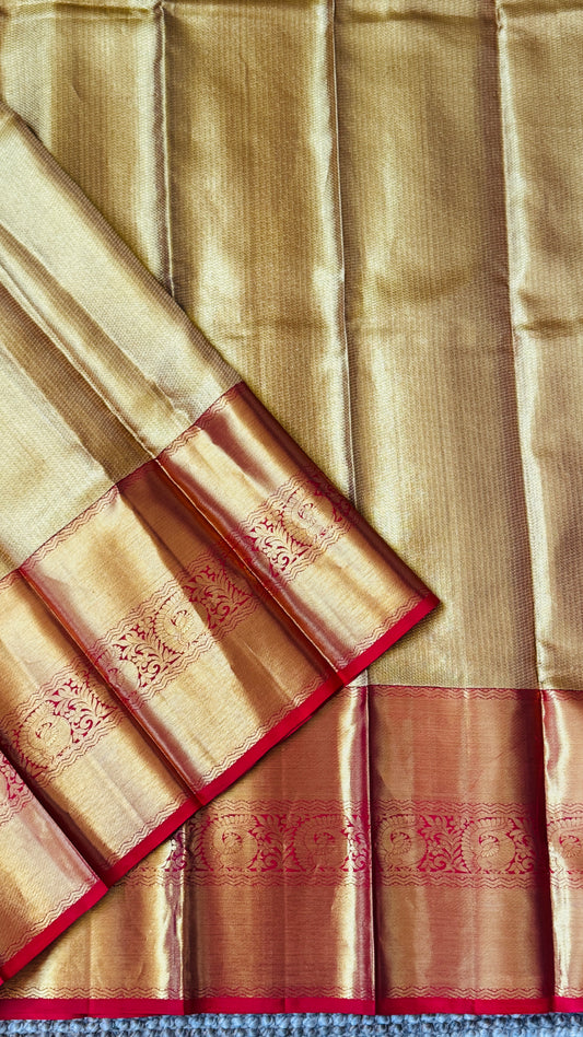 Pure Handloom Tissue Kanchivaram Silk Saree – Gold and Red Bridal Saree