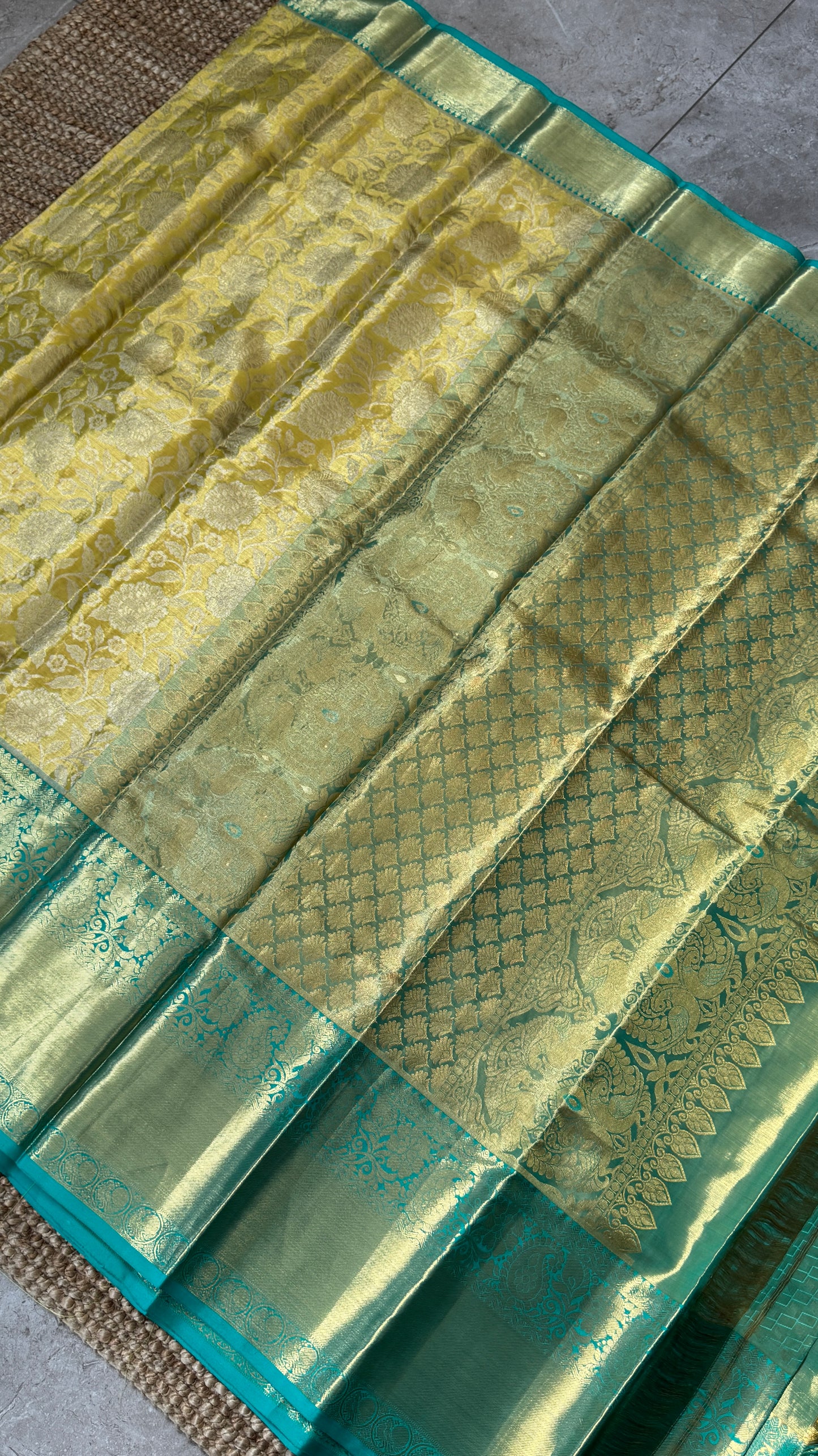 Pure Tissue Kanjivaram Silk Saree – Yellowish Gold Body with Blue Border