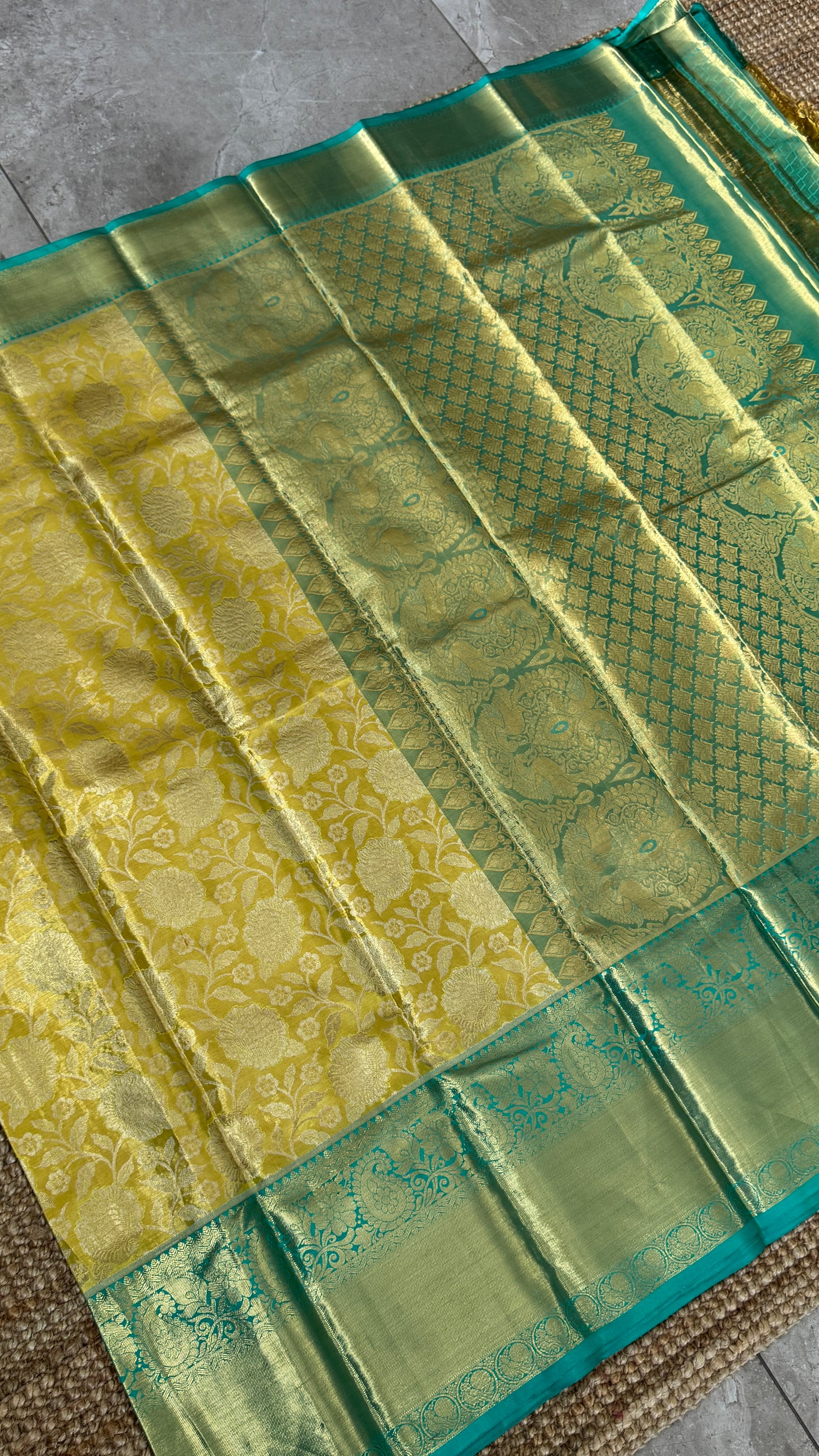 Pure Tissue Kanjivaram Silk Saree – Yellowish Gold Body with Blue Border