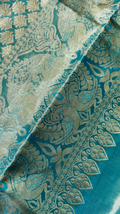 Pure Tissue Kanjivaram Silk Saree – Yellowish Gold Body with Blue Border