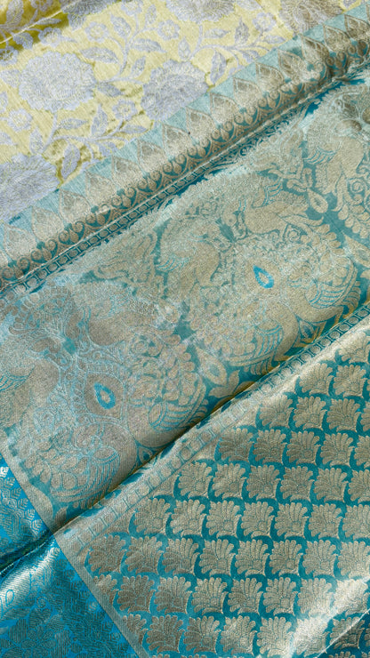 Pure Tissue Kanjivaram Silk Saree – Yellowish Gold Body with Blue Border