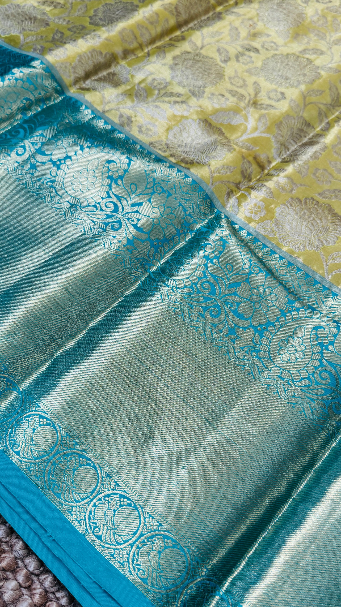 Pure Tissue Kanjivaram Silk Saree – Yellowish Gold Body with Blue Border