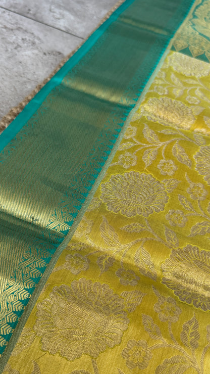 Pure Tissue Kanjivaram Silk Saree – Yellowish Gold Body with Blue Border