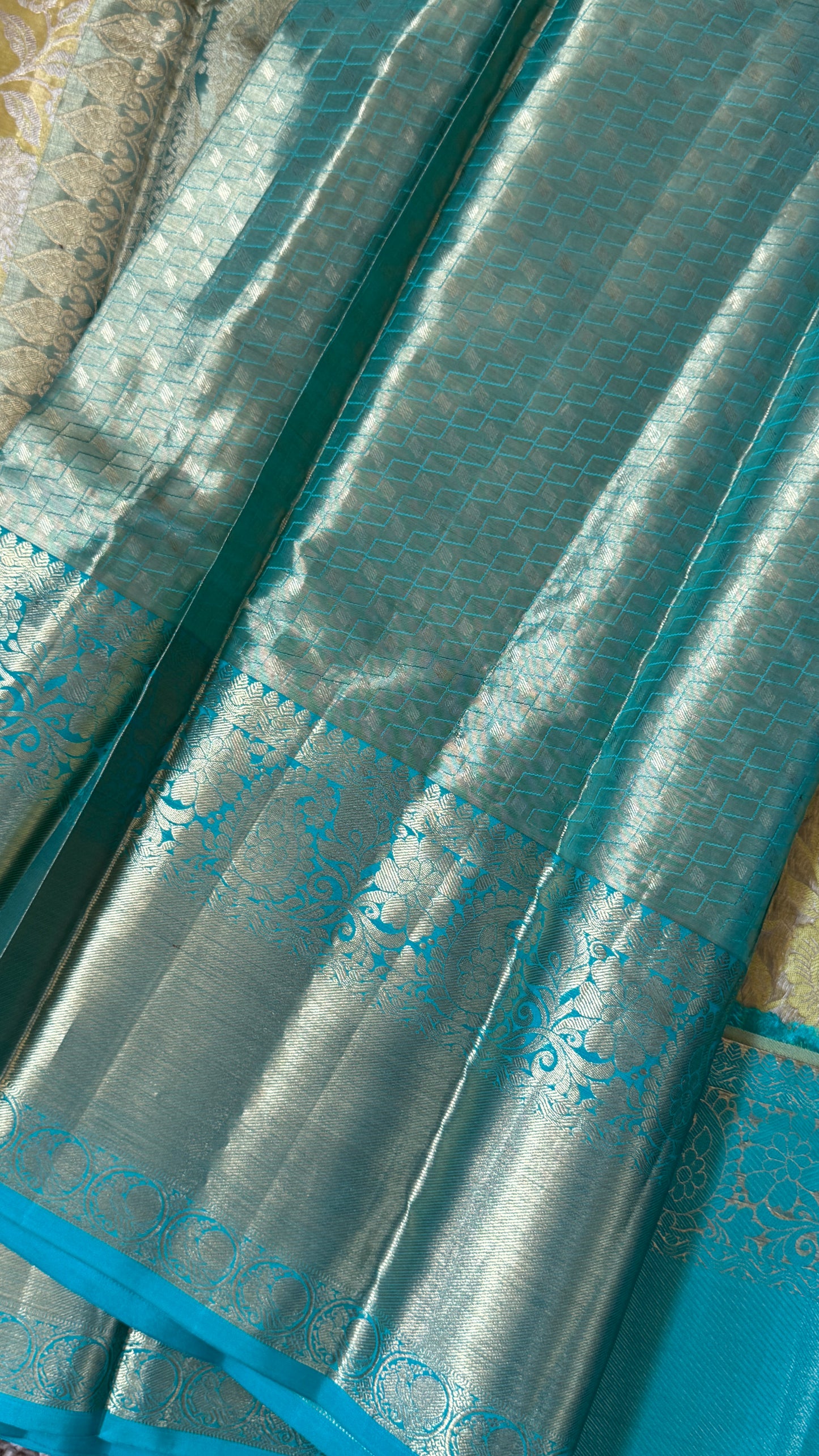 Pure Tissue Kanjivaram Silk Saree – Yellowish Gold Body with Blue Border
