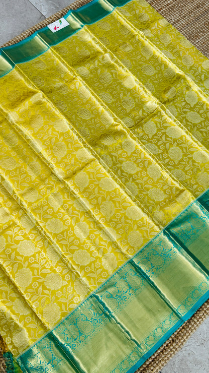 Pure Tissue Kanjivaram Silk Saree – Yellowish Gold Body with Blue Border
