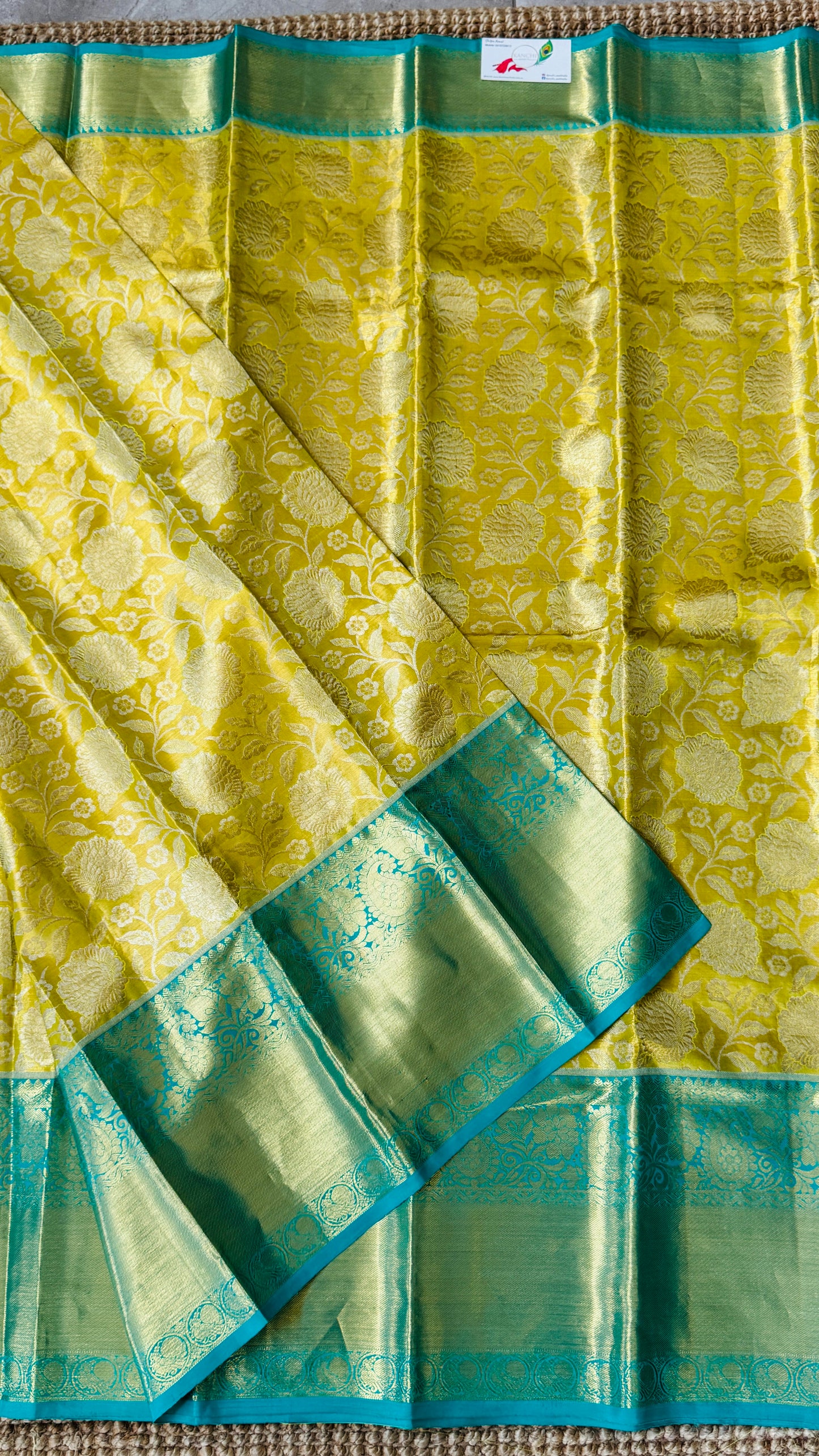 Pure Tissue Kanjivaram Silk Saree – Yellowish Gold Body with Blue Border