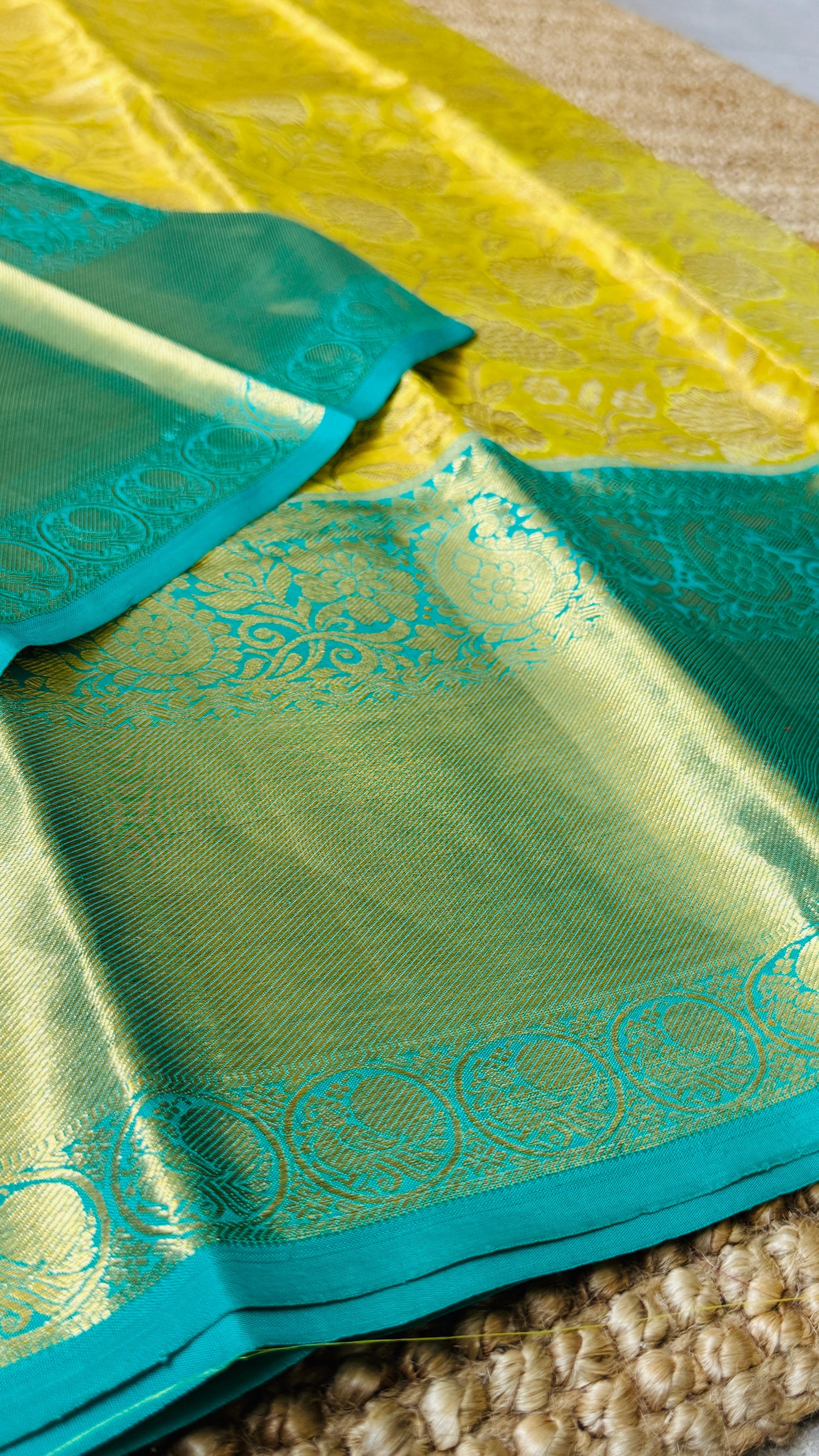 Pure Tissue Kanjivaram Silk Saree – Yellowish Gold Body with Blue Border