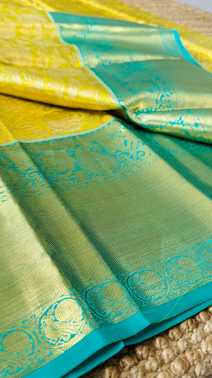 Pure Tissue Kanjivaram Silk Saree – Yellowish Gold Body with Blue Border