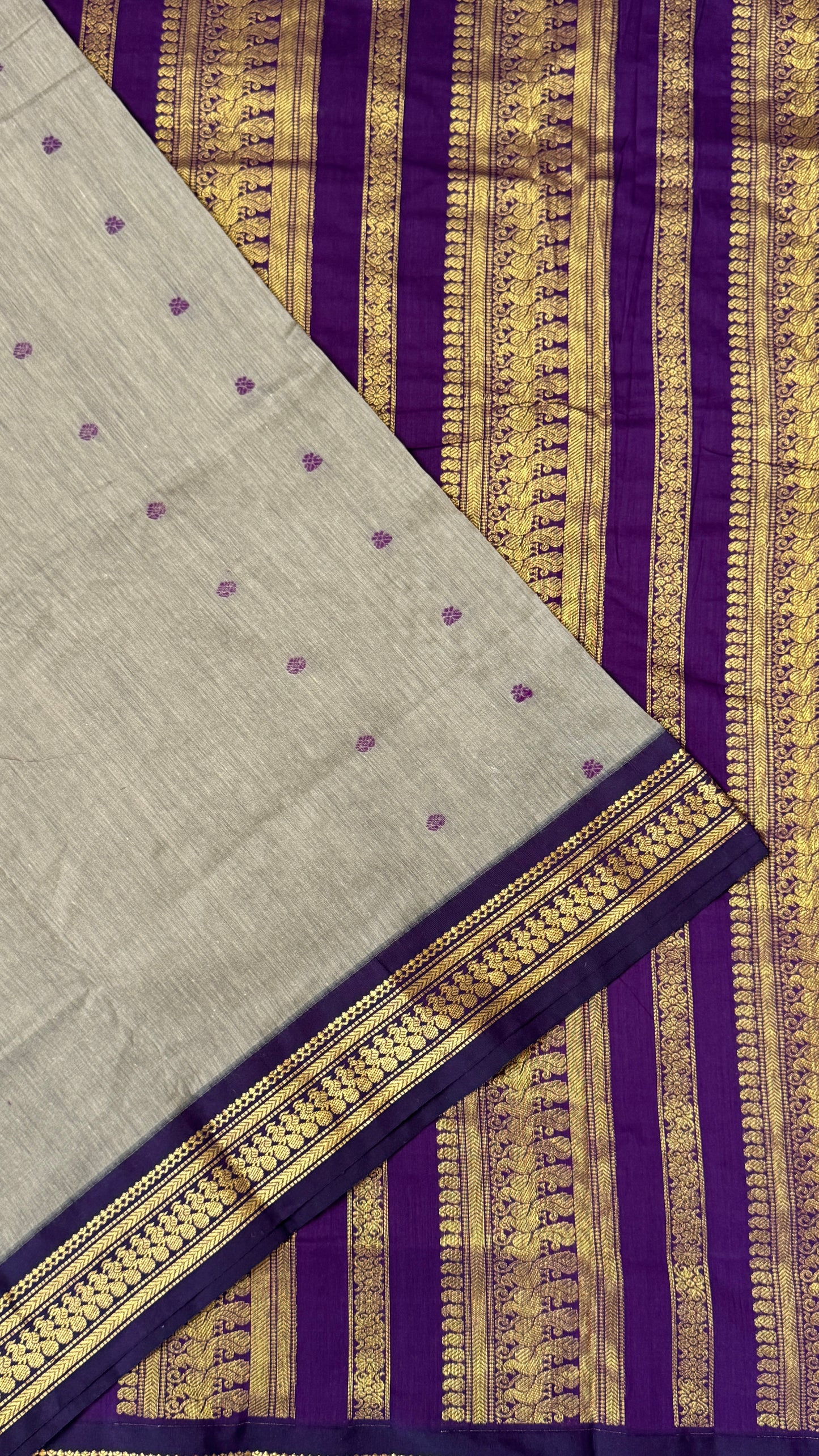 Purely Hand-Woven - Grey Cotton Silk Saree with Purple Pallu and Blouse