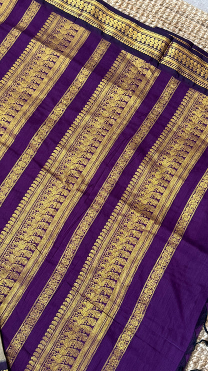 Purely Hand-Woven - Grey Cotton Silk Saree with Purple Pallu and Blouse