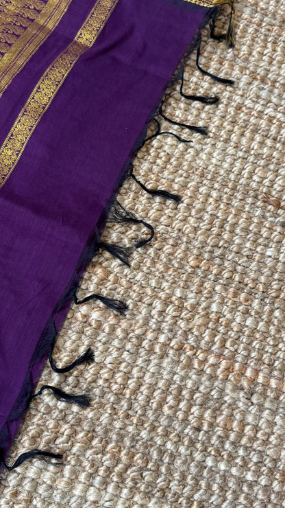 Purely Hand-Woven - Grey Cotton Silk Saree with Purple Pallu and Blouse