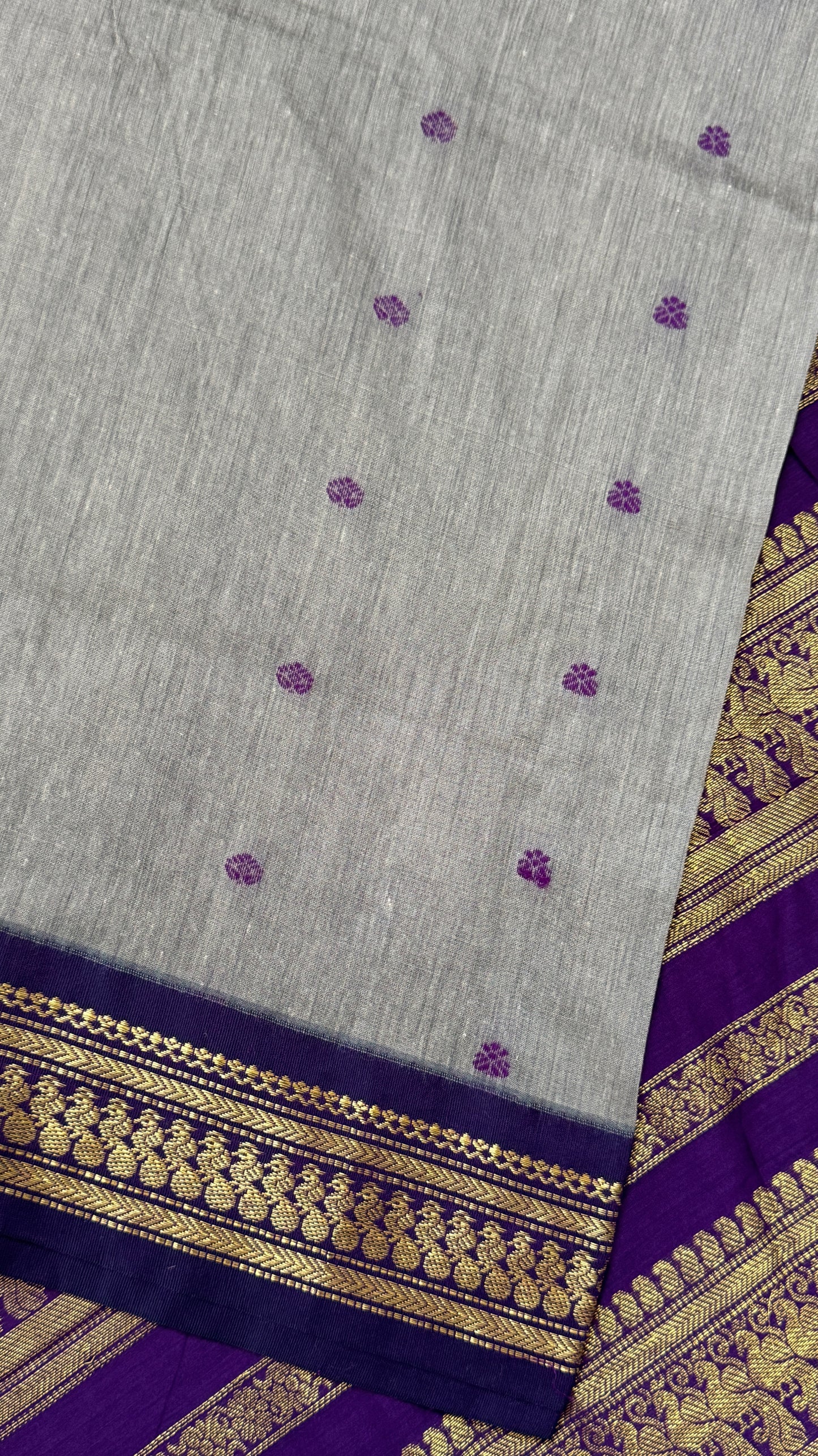 Purely Hand-Woven - Grey Cotton Silk Saree with Purple Pallu and Blouse