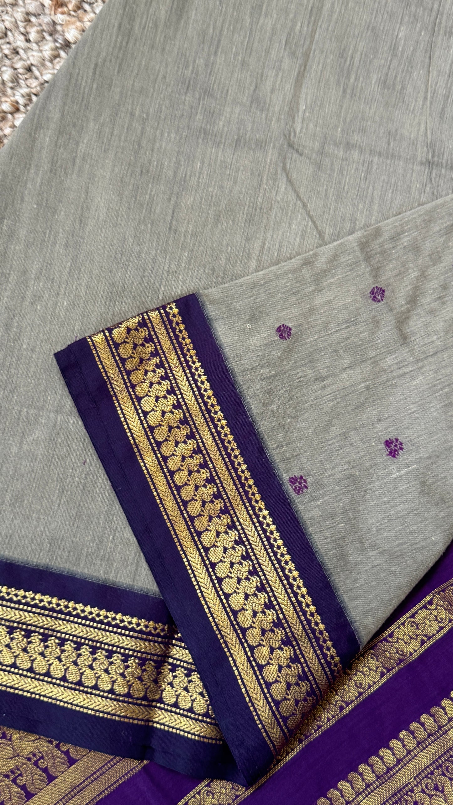 Purely Hand-Woven - Grey Cotton Silk Saree with Purple Pallu and Blouse