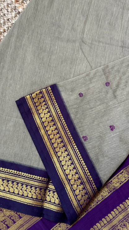 Purely Hand-Woven - Grey Cotton Silk Saree with Purple Pallu and Blouse