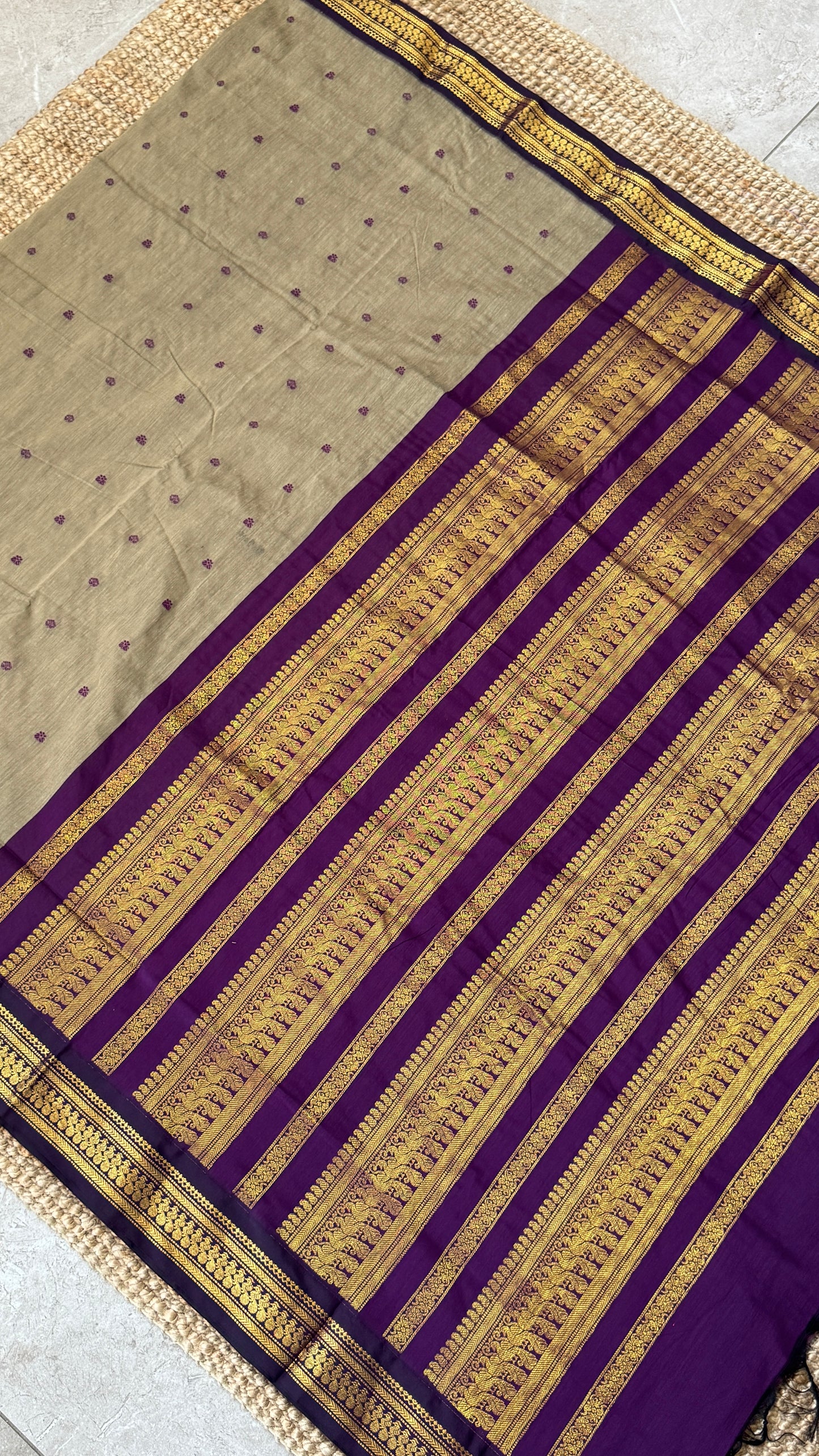Purely Hand-Woven - Grey Cotton Silk Saree with Purple Pallu and Blouse