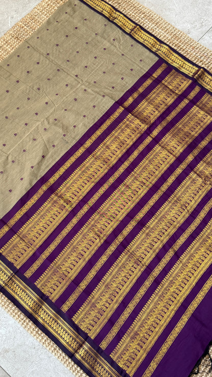 Purely Hand-Woven - Grey Cotton Silk Saree with Purple Pallu and Blouse