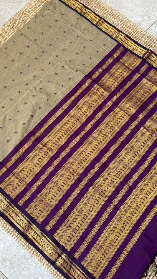 Purely Hand-Woven - Grey Cotton Silk Saree with Purple Pallu and Blouse