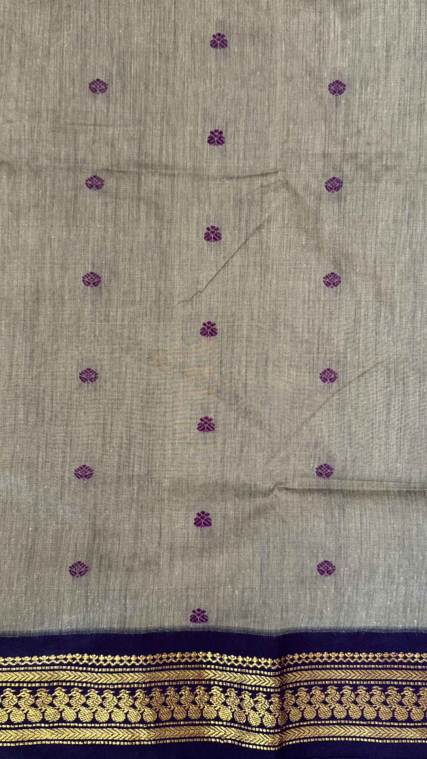 Purely Hand-Woven - Grey Cotton Silk Saree with Purple Pallu and Blouse