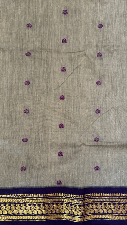 Purely Hand-Woven - Grey Cotton Silk Saree with Purple Pallu and Blouse