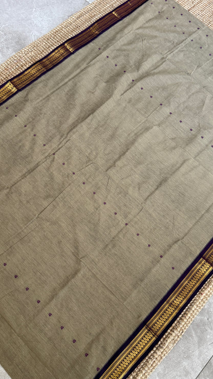 Purely Hand-Woven - Grey Cotton Silk Saree with Purple Pallu and Blouse