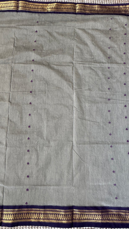 Purely Hand-Woven - Grey Cotton Silk Saree with Purple Pallu and Blouse