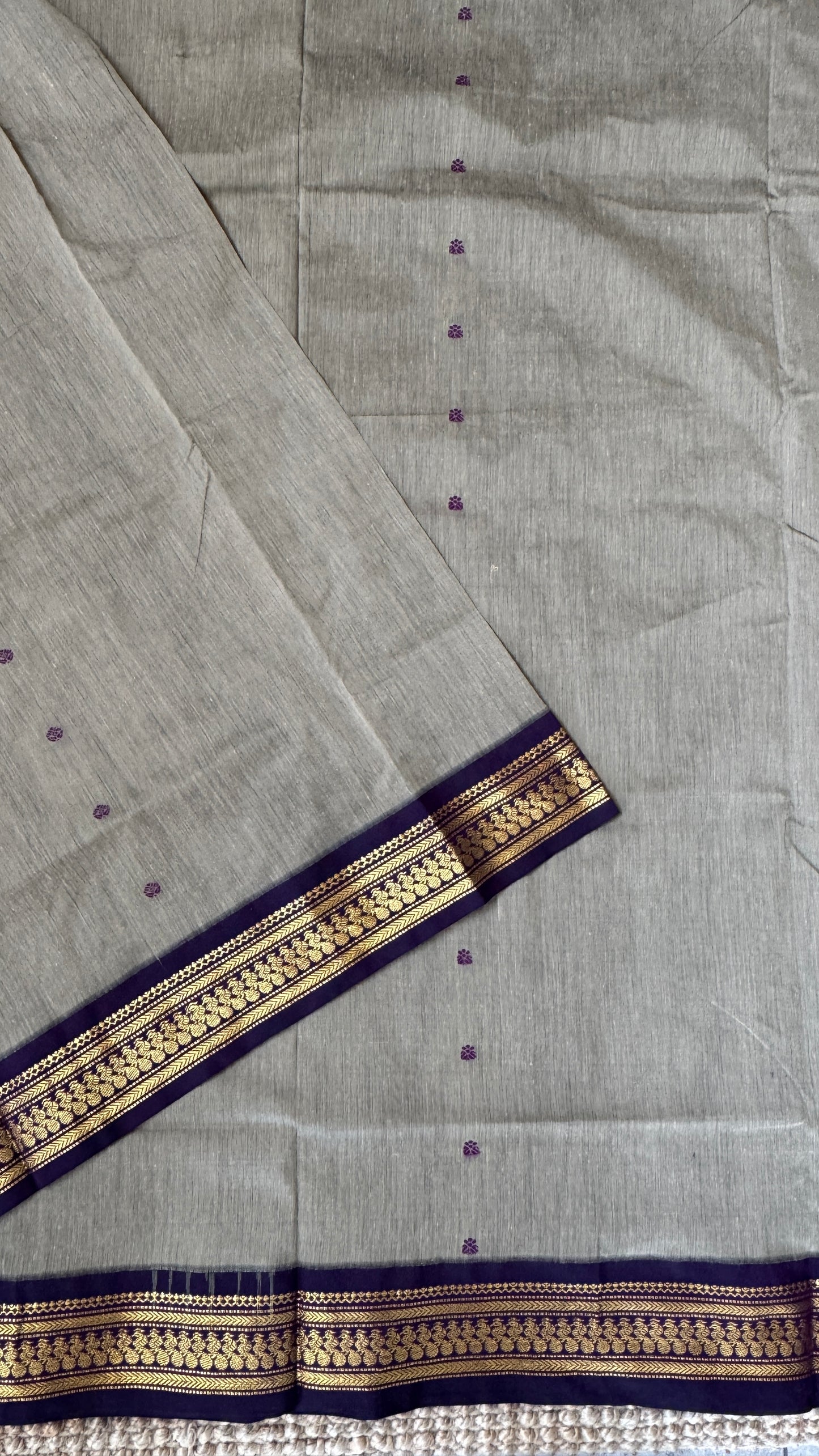 Purely Hand-Woven - Grey Cotton Silk Saree with Purple Pallu and Blouse