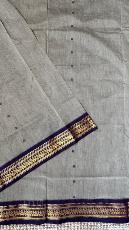 Purely Hand-Woven - Grey Cotton Silk Saree with Purple Pallu and Blouse