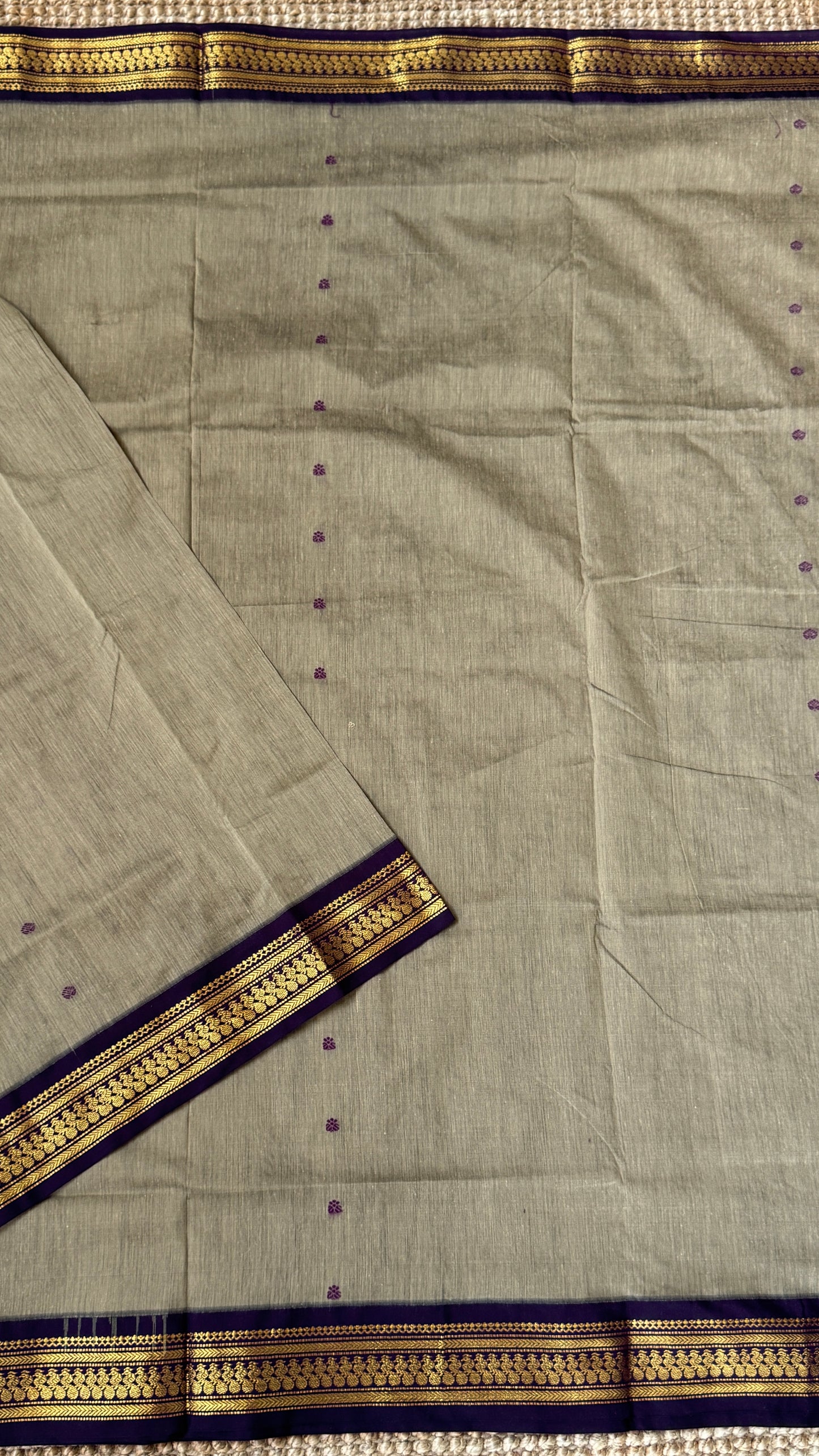 Purely Hand-Woven - Grey Cotton Silk Saree with Purple Pallu and Blouse