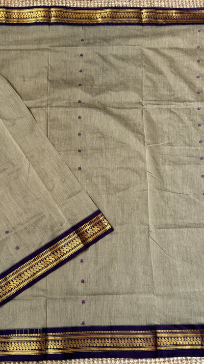 Purely Hand-Woven - Grey Cotton Silk Saree with Purple Pallu and Blouse
