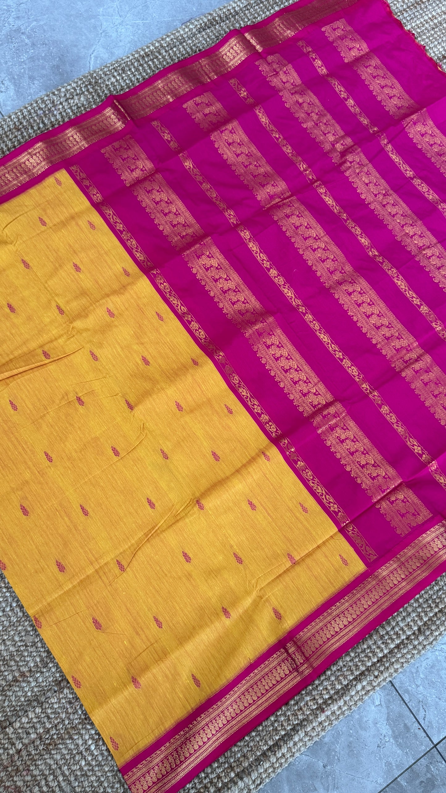 Purely Hand-Woven - Yellow Cotton Silk Saree with Hot Pink Border
