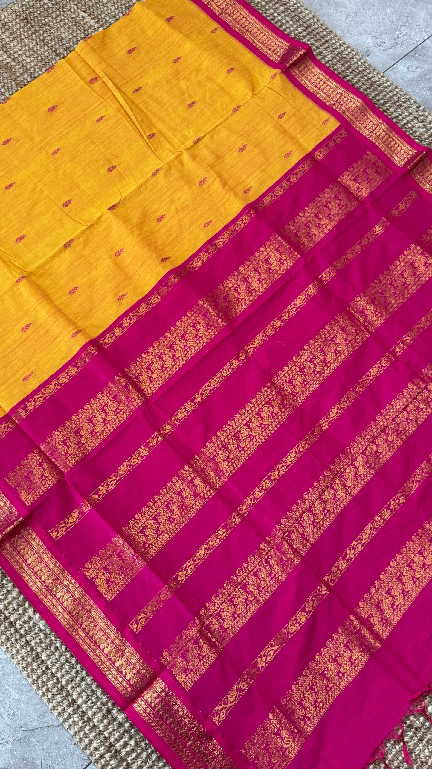 Purely Hand-Woven - Yellow Cotton Silk Saree with Hot Pink Border
