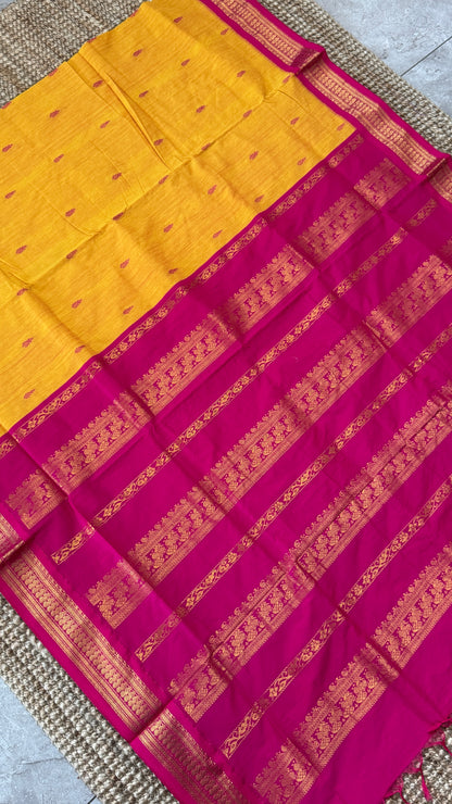 Purely Hand-Woven - Yellow Cotton Silk Saree with Hot Pink Border