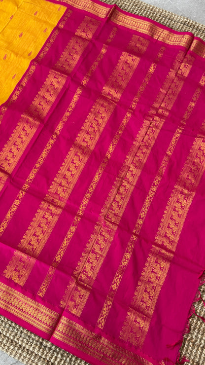 Purely Hand-Woven - Yellow Cotton Silk Saree with Hot Pink Border