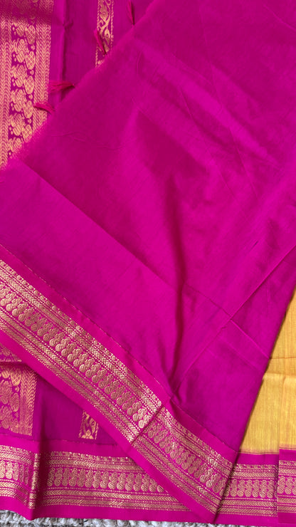Purely Hand-Woven - Yellow Cotton Silk Saree with Hot Pink Border