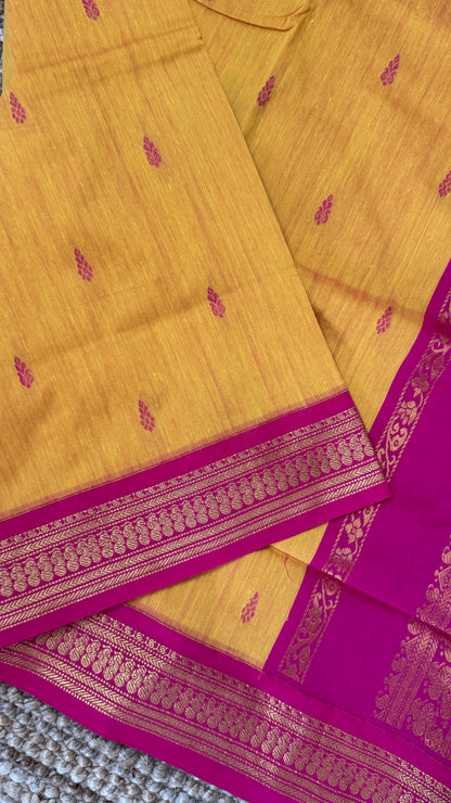 Purely Hand-Woven - Yellow Cotton Silk Saree with Hot Pink Border