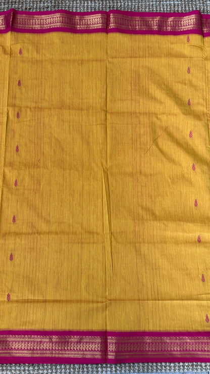 Purely Hand-Woven - Yellow Cotton Silk Saree with Hot Pink Border