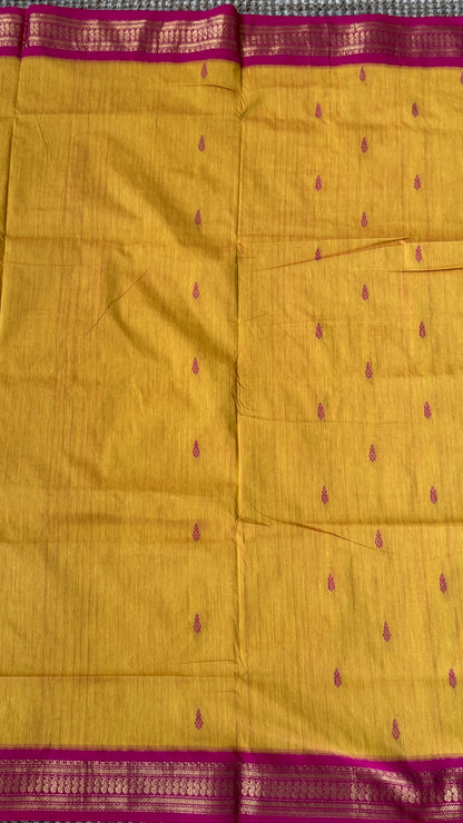 Purely Hand-Woven - Yellow Cotton Silk Saree with Hot Pink Border