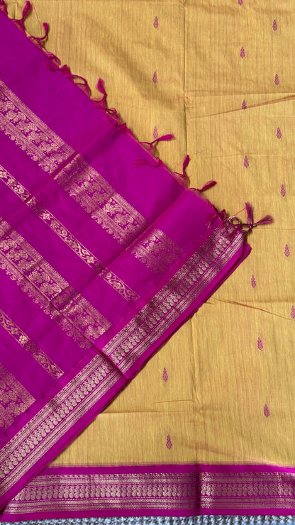 Purely Hand-Woven - Yellow Cotton Silk Saree with Hot Pink Border