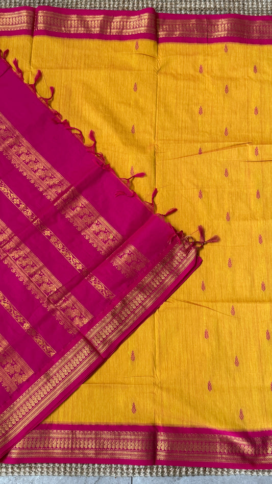 Purely Hand-Woven - Yellow Cotton Silk Saree with Hot Pink Border