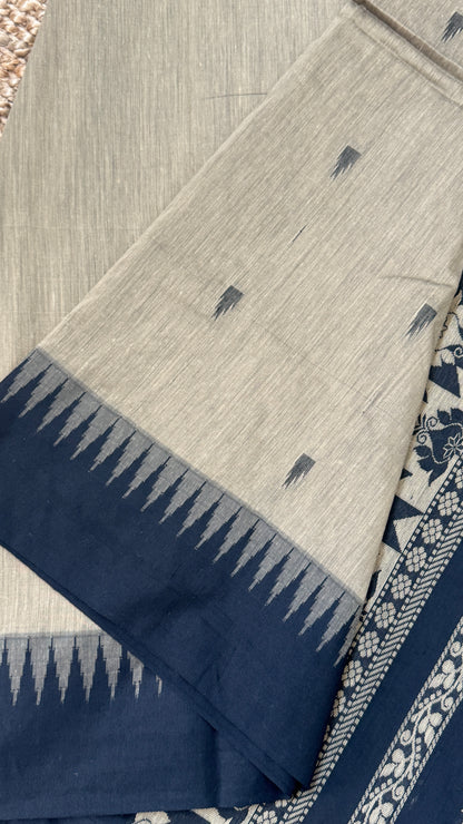 Purely Hand-Woven - Grey Cotton Silk Saree with Black Border
