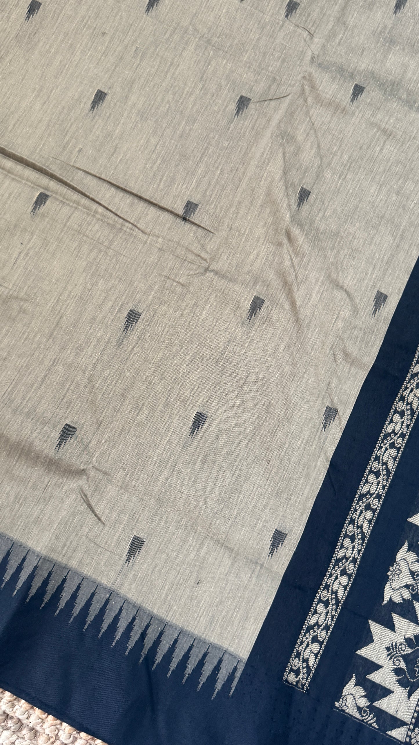 Purely Hand-Woven - Grey Cotton Silk Saree with Black Border