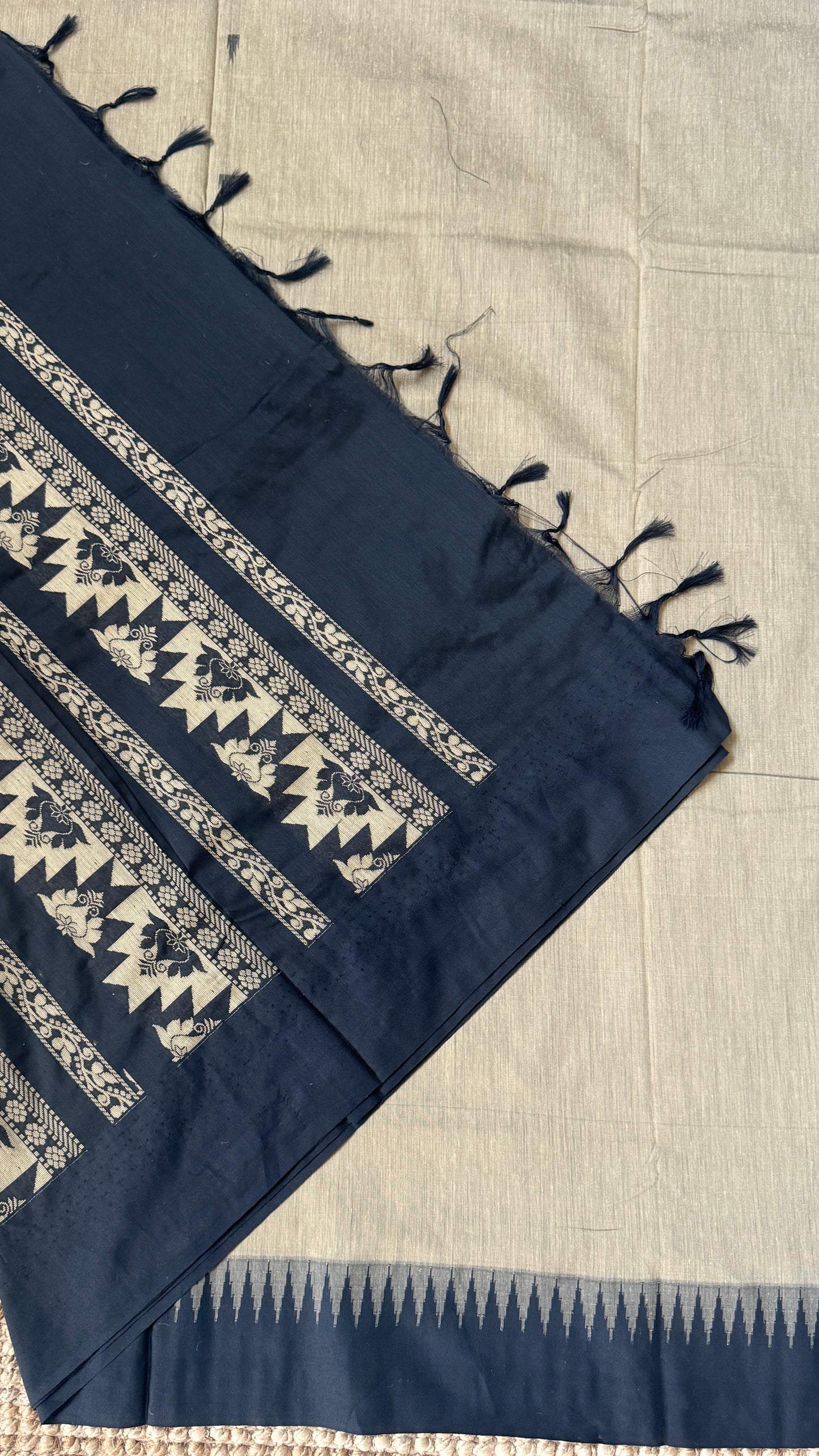 Purely Hand-Woven - Grey Cotton Silk Saree with Black Border