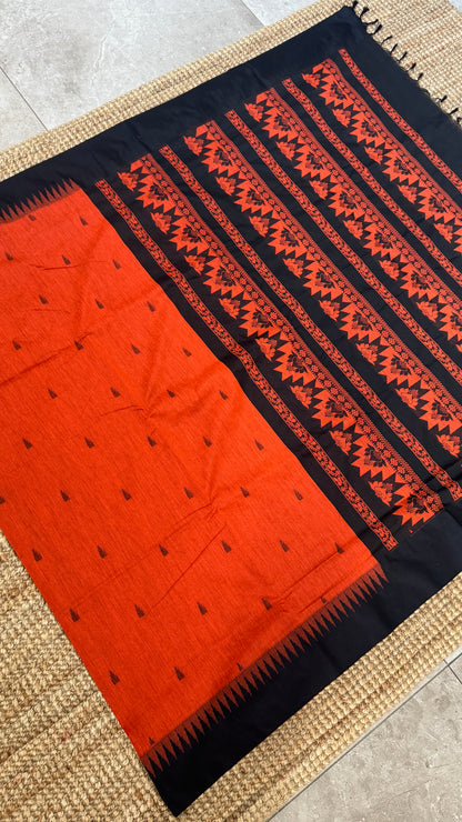 Purely Hand-Woven - Orange Cotton Silk Saree with Black Border