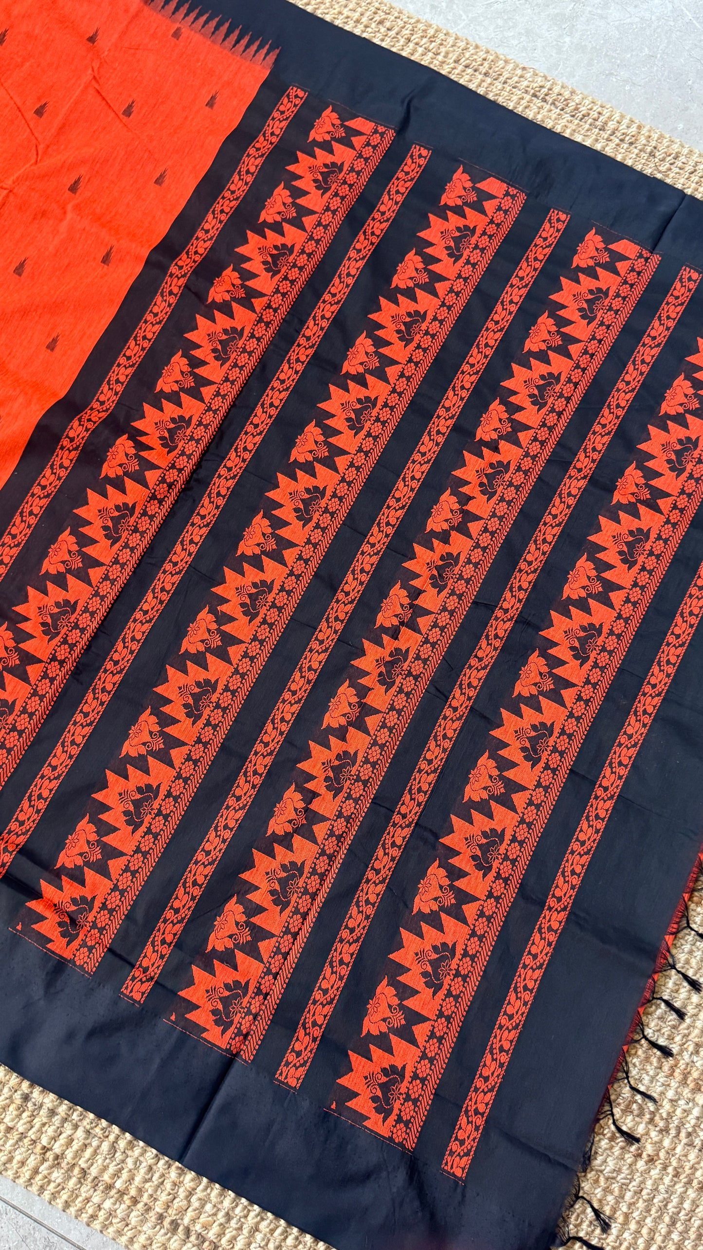 Purely Hand-Woven - Orange Cotton Silk Saree with Black Border